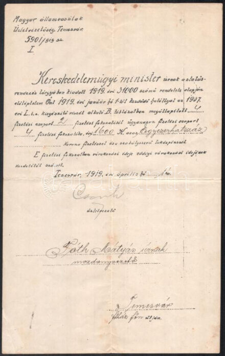 1919 Temesvár, MÁV előléptetési okmány mozdonyvezető részére, üzletvezetői aláírással, bélyegzéssel.