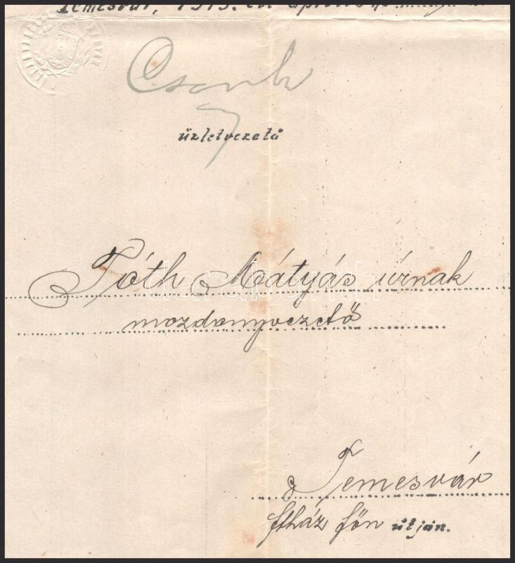 1919 Temesvár, MÁV előléptetési okmány mozdonyvezető részére, üzletvezetői aláírással, bélyegzéssel. - Image 3