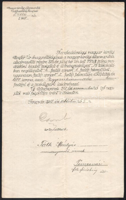1918 Temesvár, MÁV előléptetési okmány mozdonyvezető részére, üzletvezetői aláírással.