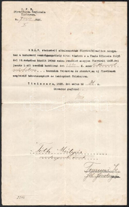 1918 Temesvár, fizetésemelési értesítés a bukaresti vezérigazgatóságtól egykori MÁV alkalmazott mozdonyvezető részére.