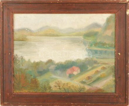 Molnár R. vagy P. jelzéssel: Vízparti táj. Olaj, karton. Dekoratív, kissé sérült fakeretben. 39x50 cm