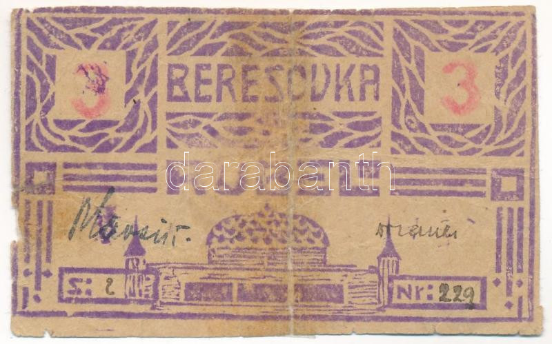 Orosz Birodalom / Berezovkai hadifogoly tábor ~1918. 3R tábori szükségpénz, '2. 229' sorszámmal, hátoldalán pecséttel T:G ragasztva / Russian Empire / Beresovka POW Camp / ~1918. 3 Rubles emergency note with '2. 229' serial number and
