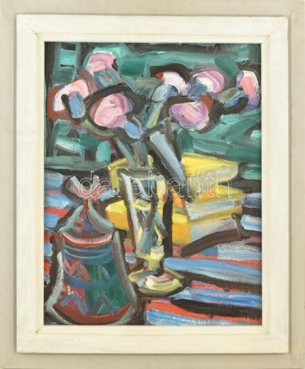 Kunt Ernő (1920-1994): Csendélet török kávétartóval, 1993. Olaj, farost. Jelezve jobbra fent. Fakeretben. 64x50 cm / Ernő Kunt (1920-1994): Still life, 1993. Oil on wood fibre, signed. Framed. 64x50 cm.