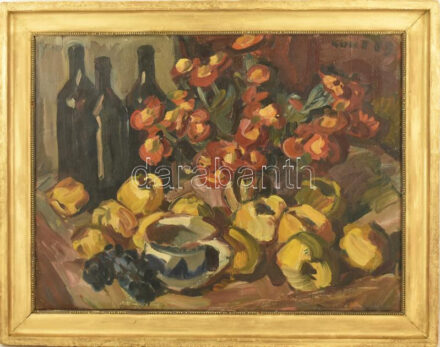 Kunt Ernő (1920-1994): Birsalmák, 1959. Olaj, vászon. Jelezve jobbra fent. Hátoldalán autográf felirattal. Fakeretben. 52x67,5 cm.