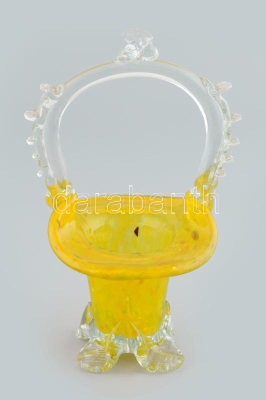Murano sárga üveg kosár, jelzés nélkül, hibátlan, m: 20 cm