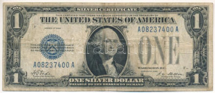 Amerikai Egyesült Államok 1928. 1$ 'Silver Certificate - kisméretű', kék pecsét, 'Harold Theodore Tate - A. W. Mellon' T:F,VG folt / USA 1928. 1 Dollar 'Silver Certificate - Small size', blue seal, 'Harold Theodore Tate - A. W. Mellon'