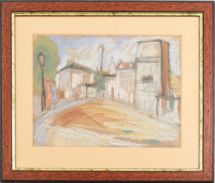 Diener-Dénes Rudolf (1889-1956): Francia város sétálókkal. Pasztell, papír, jelezve jobbra lent. Üvegezett fakeretben, 23,5×31 cm / Rudolf Diener-Dénes (1889-1956): Town in France. Pastell on paper, signed lower right. Framed with glass.