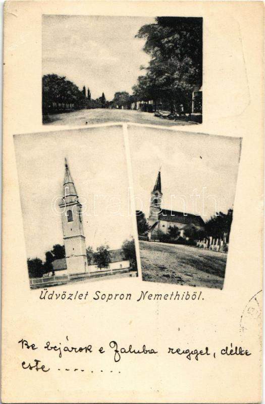 1908 Sopronnémeti, Németi; templomok. Papp Mihály kiadása + 'POSTAI ÜGYN' (EK)