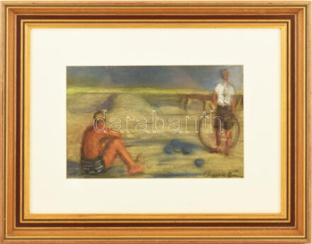 Diener-Dénes Rudolf (1889-1956): Francia tengerpart. Pasztell, papír, jelezve jobbra lent. Üvegezett fa keretben, 18,5×28,5 cm / Rudolf Diener-Dénes (1889-1956): Beach in France. Pastell on paper, signed lower right. Framed with glass.