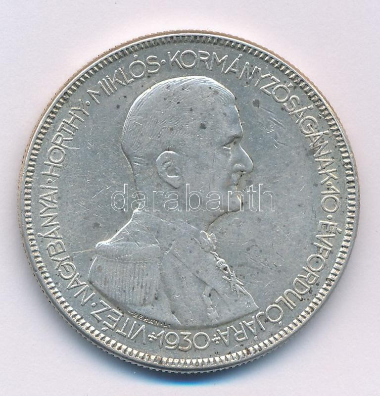 1930. 5P Ag 'Horthy jobbra' T:VF patina, karc Adamo P8