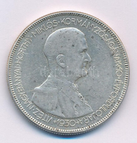 1930. 5P Ag 'Horthy jobbra' T:VF patina, karc Adamo P8