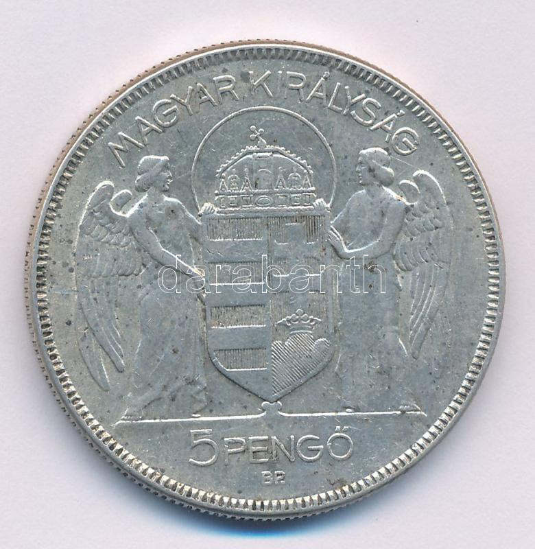 1930. 5P Ag 'Horthy jobbra' T:VF patina, karc Adamo P8 - Image 2