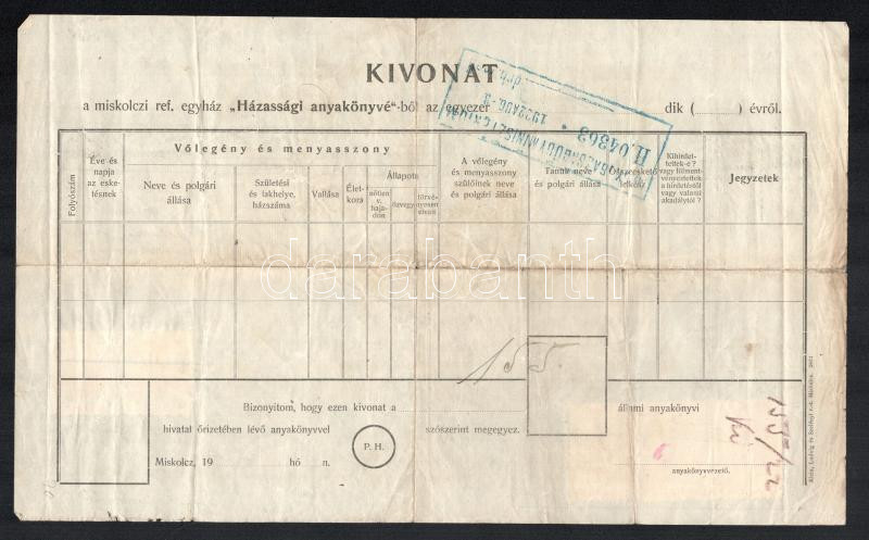1921 Miskolc, születési anyakönyvi kivonat, 4+4+2 K anyakönyvi kivonati díj bélyeggel, ill. további bélyegzésekkel - Image 2