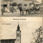 1921 Esztár (Alföld), Református templom, utca, lovashintó, Lindenfeld Gyula üzlete (Rb)