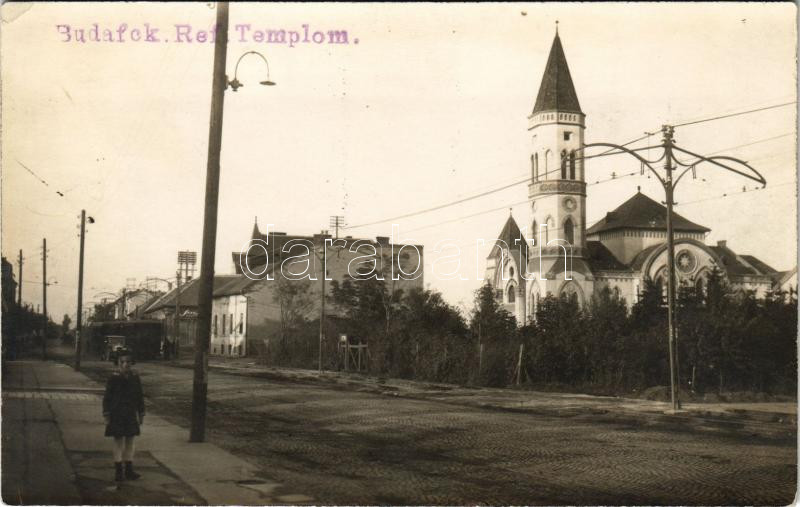 Budapest XXII. Budafok, Református templom, utca, villamos. photo (EK)