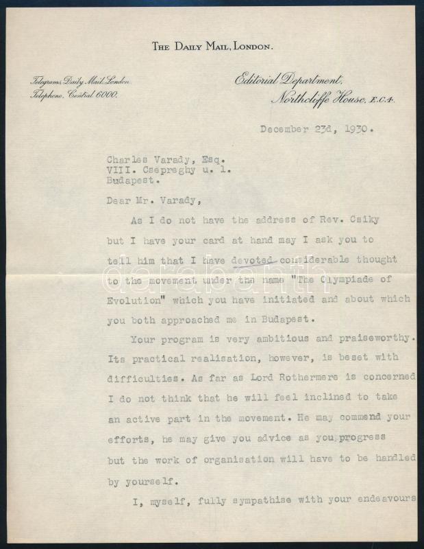 George Ward Price (1886-1961) ujságíró autográf aláírt levél / Auptgraph signed letter