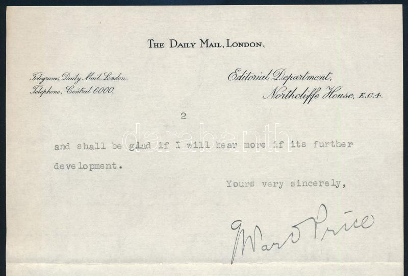 George Ward Price (1886-1961) ujságíró autográf aláírt levél / Auptgraph signed letter - Image 2