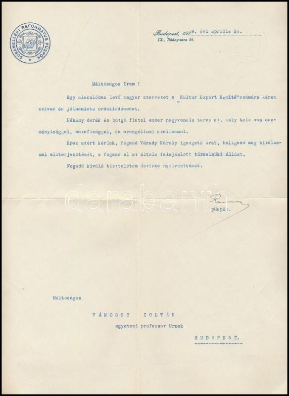 1929 Ravasz László püspök aláírt levél