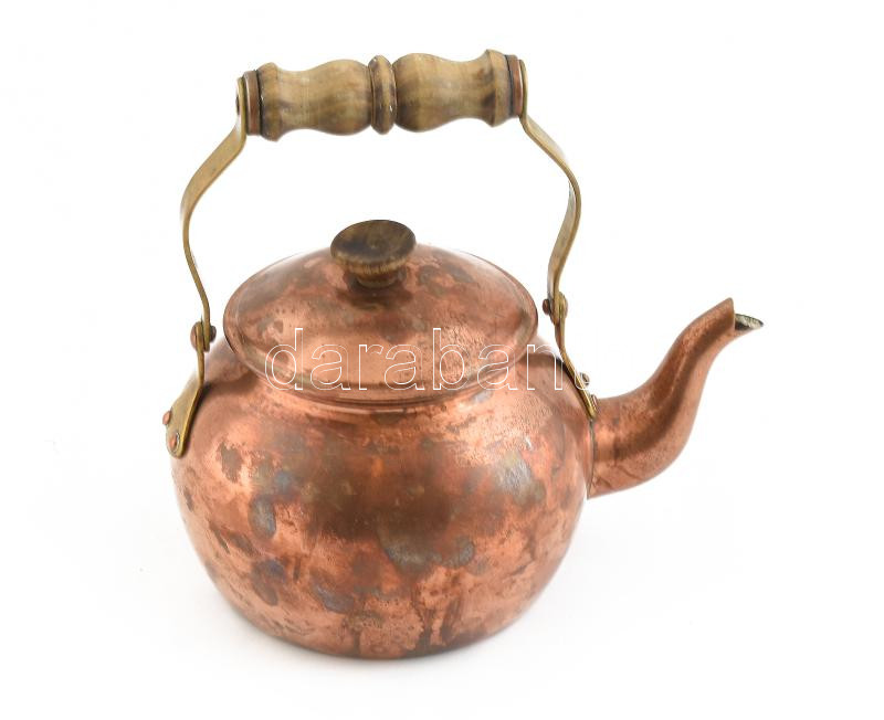 Réz teáskanna fa füllel, kopott, jelzett: TAGUS made in Portugal, m: 19 cm