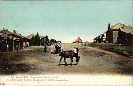 Cullinan Diamond Mine, Oak Avenue East, Cooperative Stores on Left. Published by R. O. Füsslein No. 12. - from postcard booklet