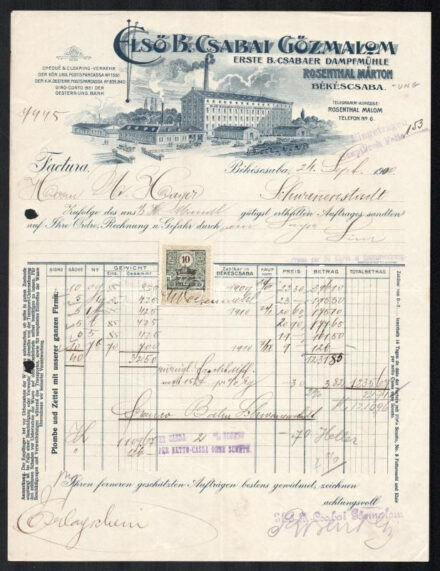 1900 Békéscsaba, Első B. Csabai Gőzmalom Rosenthal Márton fejléces számla, rajta a gyár látképével