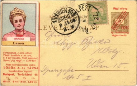 Török A. és Társa bankház reklámja '28823 Laura' Fortuna szerencseszám + érvénytelen barna 2 Kr. Ga. Hátoldalon Ezredéves Kiállítás budapesti litho lapja / Hungarian lottery ticket (EK)