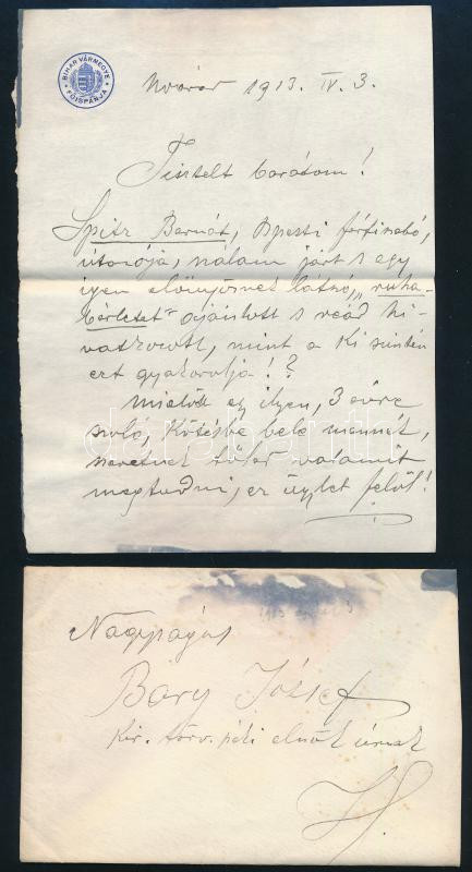 1913 Nagyvárad, dr. Miskolczy Ferenc Bihar vármegye főispánjának (1910. március - 1917. június) saját kézzel írt levele, fejléces papíron, Bary József (1858-1915) királyi törvényszéki elnök, a tiszaeszlári vérvádper