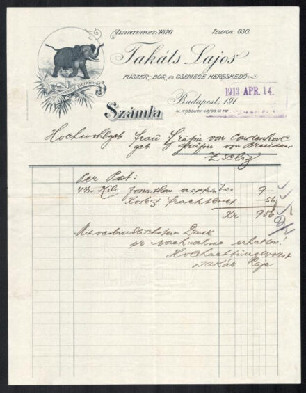 1913 Bp., Takáts Lajos fűszer-, bor- és csemegekereskedő 'A Fekete Elefánthoz' fejléces számla