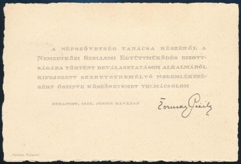 1935 Tormay Cecile autográf aláírással ellátott meghívó