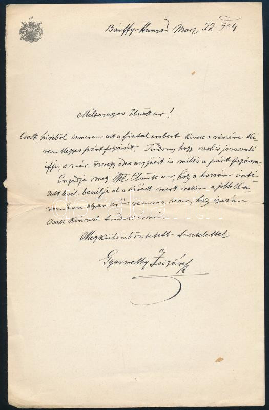 1904 Bánffyhunyad, Érsekújvári Gyarmathy Zsigáné terebesi Hory Etelka (1845-1910). április 10.) írónő, a kalotaszegi népi hagyományok gyűjtőjének saját kézzel írt levele, címeres papíron, Bary József (1858-1915) királyi