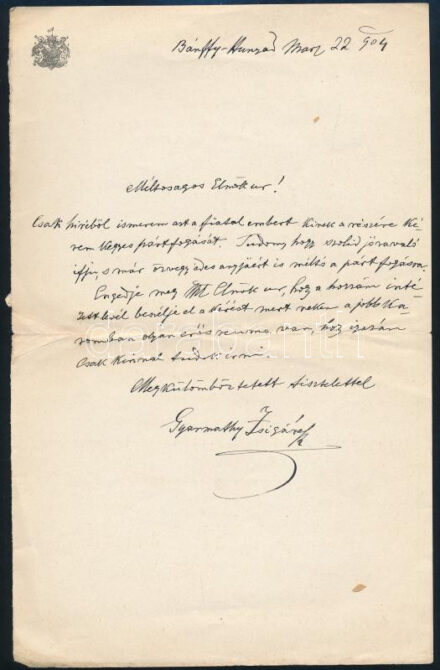 1904 Bánffyhunyad, Érsekújvári Gyarmathy Zsigáné terebesi Hory Etelka (1845-1910). április 10.) írónő, a kalotaszegi népi hagyományok gyűjtőjének saját kézzel írt levele, címeres papíron, Bary József (1858-1915) királyi