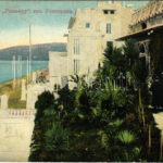 1918 Sochi, Sotchi; Vue de l'hotel La riviere prise du restaurant / hotel, restaurant (glue marks)
