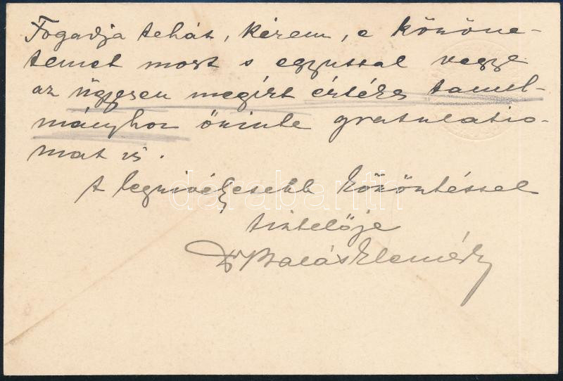 1915 Dr. Balás Elemér nagyváradi királyi törvényszéki elnök saját kézzel írt levele fejléces kártyán, 8,5x13 cm - Image 2