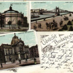 1897 (Vorläufer) Budapest, Vámháztéri híd, Feszty körkép, Vígszínház. Eisler G. kiadása, Art Nouveau, floral, litho (vágott / cut)