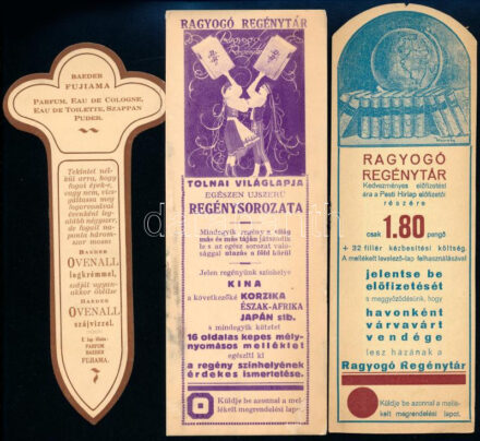9 db vegyes papír könyvjelző (Baeder Fujiama, A Magyar Művészet, Ragyogó Regénytár, stb.)