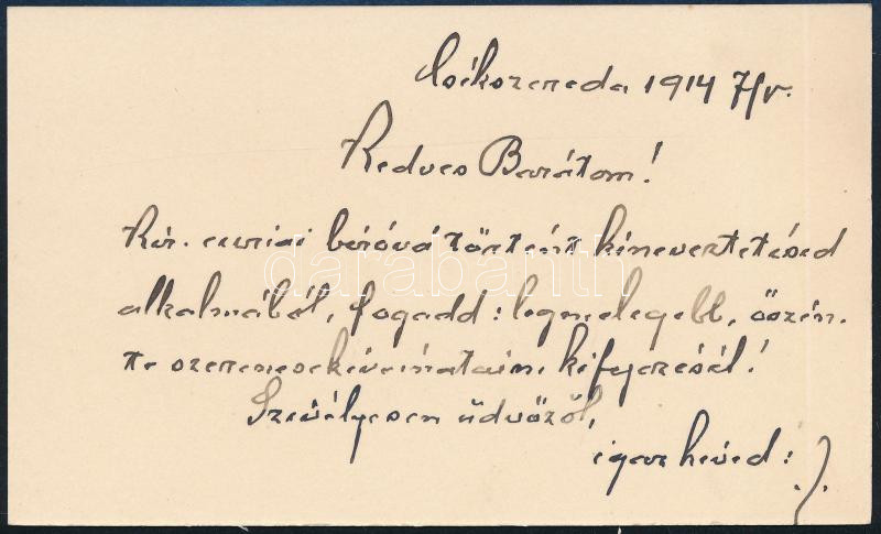 1914 szentgyörgyi Gyalókay Sándor (1863-1943) Csik vármegye főispánjának sajátkezű gratuláló sorai névjegykártyája hátoldalán, Bary József (1858-1915) királyi törvényszéki elnök, a tiszaeszlári vérvádper vizsgálóbírója