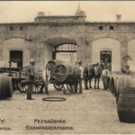 1908 Budapest XXII. Budafok, Törley pezsgőgyár, borok átvétele az udvaron, lovaskocsik / Champagnerfabrik, Weinübernahme (EK)