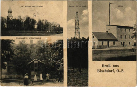 1914 Biskupice, Bischdorf (Oberschlesien); Ev. Kirche und Pfarrei, Turm, Mühle, Nowak's Gasthaus / Lutheran church and parish, tower, mill, inn, bicycles (EK)