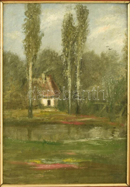 Gulácsy Lajos (1882-1932): Ház a fák között, 1900 körül. Olaj, vászon, fára ragasztva. Jelezve balra lent: Gulácsy L. 37,5x26,5 cm. Keret hátoldalán Szépművészeti Múzeum 795/955 bírálati címkéjével. Bellák Gábor