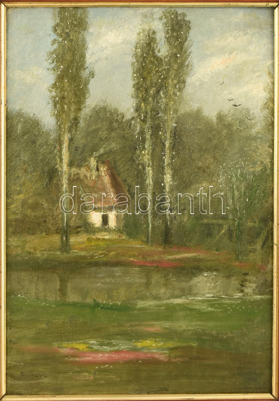 Gulácsy Lajos (1882-1932): Ház a fák között, 1900 körül. Olaj, vászon, fára ragasztva. Jelezve balra lent: Gulácsy L. 37,5x26,5 cm. Keret hátoldalán Szépművészeti Múzeum 795/955 bírálati címkéjével. Bellák Gábor