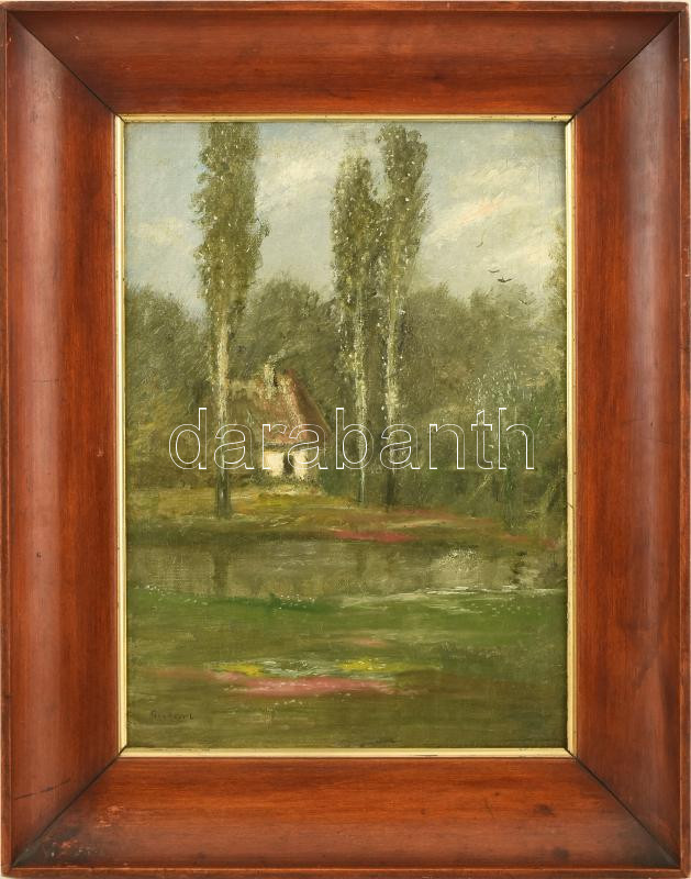 Gulácsy Lajos (1882-1932): Ház a fák között, 1900 körül. Olaj, vászon, fára ragasztva. Jelezve balra lent: Gulácsy L. 37,5x26,5 cm. Keret hátoldalán Szépművészeti Múzeum 795/955 bírálati címkéjével. Bellák Gábor - Image 2