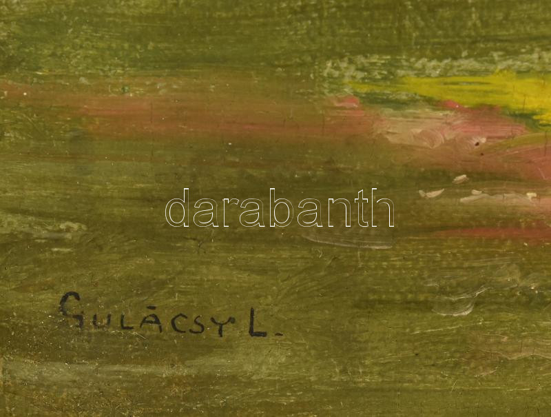 Gulácsy Lajos (1882-1932): Ház a fák között, 1900 körül. Olaj, vászon, fára ragasztva. Jelezve balra lent: Gulácsy L. 37,5x26,5 cm. Keret hátoldalán Szépművészeti Múzeum 795/955 bírálati címkéjével. Bellák Gábor - Image 3
