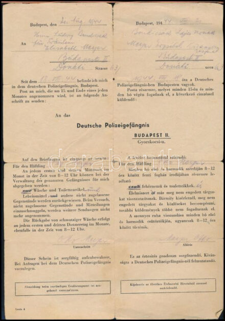 1944 Deutsche Polizeigefängnis/Német Rendőrbörtön Budapest II. Gyorskocsi u. kétnyelvű értesítése fogvatartott személy ügyében, hajtott, szakadt, javított.