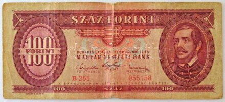 1947. 100Ft 'B 255 055158' T:VG kis szakadás, anyaghiány Adamo F27