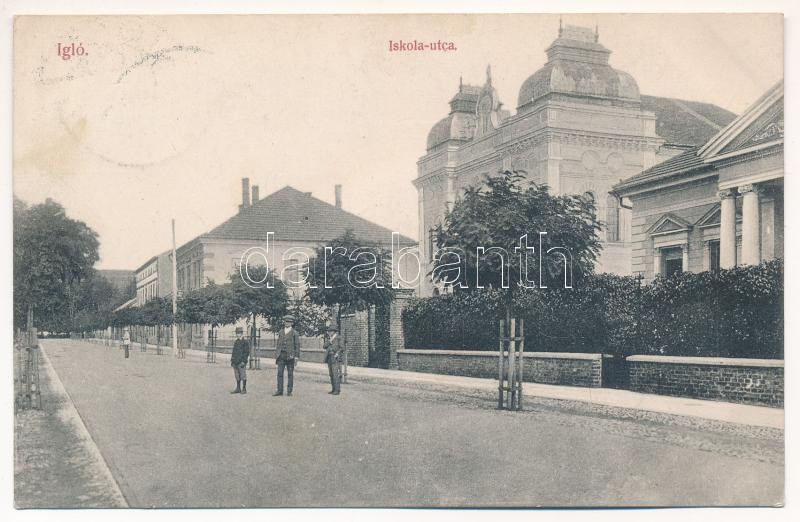 1912 Igló, Zipser Neudorf, Spisská Nová Ves; Iskola utca, zsinagóga / street, synagogue