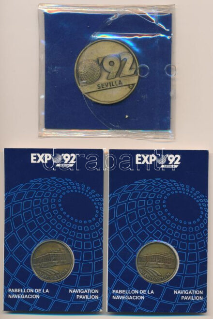 Spanyolország 1992. 'Expo '92 Sevilla' fém emlékérmek (3db/2xklf) eredeti csomagolásban (27mm; 42mm) T:AU Spain 1992. 'Expo '92 Sevilla' metal commemorative medallions (3pcs/2xdiff) in their original packing (27mm; 42mm) C:AU