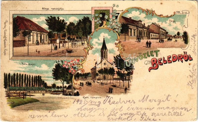 1925 Beled (Kapuvár), Gönye vendéglője, étterem, Fő tér, Béla major, Római katolikus templom. Ludwig Kummert 4018. Art Nouveau, floral, litho (EK)