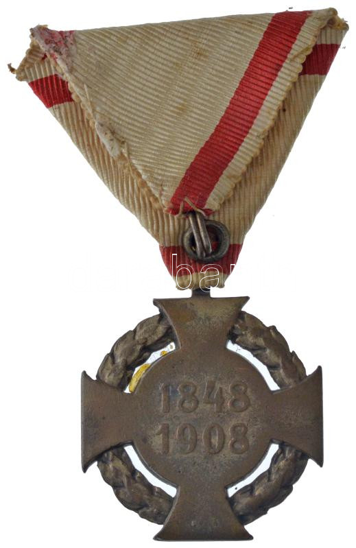1908. 'Jubileumi Kereszt' aranyozott bronz kitüntetés kopott mellszalaggal T:F patina, kopott aranyozás Hungary 1908. 'Diamond Jubilee Cross' gilt bronze decoration with worn ribbon C:F patina, worn gilding - Image 2
