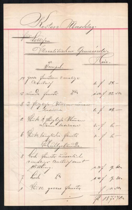 1896 Pécs, a pécsi zsinagóga felújításának költségvetése, német nyelven, 3 kézzel írt oldalon, hajtott