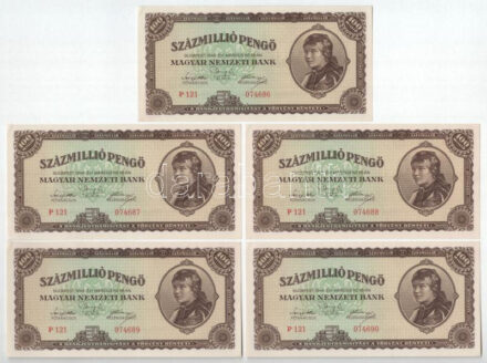 1946. 100.000.000P (5x) sorszámkövetők 'P 121 074686 - P 121 074690' T:AU / Hungary 1946. 100.000.000 Pengő (5x) consecutive serials 'P 121 074686 - P 121 074690' C:AU Adamo P27